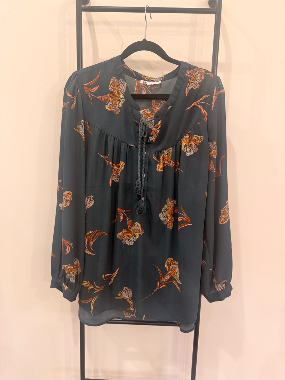 DR2 Teal Floral Tie-Neck Long Sleeve Blouse